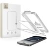 Opakowanie produktu z logo "TECH PROTECT" zawiera napis "GLASS QUICK SET+" oraz ikony symbolizujące łatwą instalację, odporność na zarysowania i idealne dopasowanie. Obok opakowania widoczne są dwie sztuki szkła hartowanego oraz telefon z nałożonym szkłem