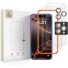 Opakowanie produktu z logo "TECH PROTECT" zawiera zestaw dwóch szkieł hartowanych oraz nakładkę na obiektyw do iPhone 16 Pro/17 Pro. Obok opakowania widoczny jest telefon z nałożonym szkłem ochronnym i pomarańczową ramką ułatwiającą montaż.