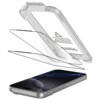 Zestaw zawiera dwa arkusze szkła hartowanego oraz plastikową ramkę montażową, przeznaczone do modelu Apple iPhone 17 Pro. Na ramce widoczny jest tekst: "For iPhone 17 Pro".