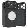 Czarne etui TECH-PROTECT Silicone MagSafe do Apple iPhone 17 Pro Max, z widocznym okrągłym miejscem na magnes MagSafe oraz wycięciami na aparat i przyciski. Wnętrze etui ma teksturę z logo i napisem "TECH PROTECT Designed in EU".