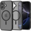 Czarno-szare etui TECH-PROTECT MagEdge MagSafe do Apple iPhone 17, z przezroczystym tyłem i widocznym okręgiem MagSafe, obok telefonu z wyświetlaczem pokazującym abstrakcyjny wzór. Na etui widoczne jest logo Apple oraz napis "TECH-PROTECT".