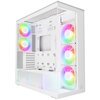 Biała obudowa komputerowa z przezroczystym panelem bocznym, wyposażona w kilka wentylatorów z podświetleniem RGB. Na dolnym panelu widoczne jest logo producenta "ARCTIC".