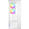 Biała obudowa komputerowa z dwoma wentylatorami RGB, które emitują kolorowe światło. Na dolnej części obudowy widoczne jest logo "ARCTIC".