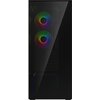 Czarna obudowa komputerowa z przezroczystym panelem, za którym widoczne są dwa wentylatory z podświetleniem RGB. Na zdjęciu nie ma widocznego tekstu ani logo producenta.