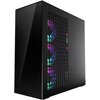 Czarna obudowa komputerowa z przezroczystym panelem bocznym i kratkowaną przednią częścią, za którą widać podświetlane wentylatory RGB. Obudowa ma nowoczesny, minimalistyczny design.