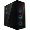 Czarna obudowa komputerowa z przezroczystym panelem bocznym, za którym widać pięć wentylatorów z podświetleniem RGB. Na dolnej części obudowy znajduje się logo "ARCTIC".