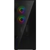 Czarna obudowa komputerowa z przezroczystym panelem, za którym widoczne są dwa wentylatory z podświetleniem RGB. W tle widać elementy wnętrza obudowy, a na jednym z wentylatorów znajduje się logo producenta.