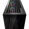 Czarna, lustrzana obudowa komputerowa z widocznym kolorowym wentylatorem RGB na górnej kratce. Na górnym panelu znajdują się przyciski i porty USB.