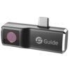 Czarna kamera termowizyjna z metalicznymi akcentami, wyposażona w złącze USB-C, posiada logo "Guide" na obudowie. Na jednym końcu urządzenia znajduje się okrągły obiektyw z czerwonym obramowaniem.