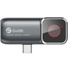 Szara kamera termowizyjna z logo "Guide" oraz napisem "THERMAL IMAGING CAMERA", posiada złącze USB-C i okrągły obiektyw z czerwonym akcentem.