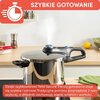 Na zdjęciu widoczny jest szybkowar z parą wydobywającą się z zaworu, ustawiony na blacie kuchennym, z napisem "SZYBKIE GOTOWANIE" na górze. Na dole znajduje się tekst: "Dzięki szybkowarowi Tefal Secure Trendy gotowanie staje się szybkie i zdrowe! Tradycyj
