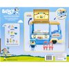Opakowanie zestawu "Bluey's Food Truck Playset" przedstawia niebiesko-żółtą ciężarówkę z otwieranym dachem i rozkładaną strefą jadalną, a także figurkę postaci i dwa czerwone krzesełka. Na opakowaniu widnieje tekst: "Bluey is a lovable Blue Heeler who tur