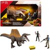 Zestaw figurek "Jurassic World" zawiera dużą figurkę spinozaura oraz dwie mniejsze figurki postaci z akcesoriami, w tym żółtą skrzynkę. Opakowanie jest ozdobione logo "Jurassic World" i napisem "Spinosaurus Danger Set" w kilku językach.