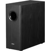 Czarny subwoofer z obudową z MDF o widocznej teksturze drewna, z okrągłym otworem basowym z przodu. Na dole obudowy znajduje się biały napis "EDIFIER".