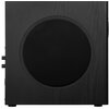 Czarny subwoofer z okrągłym głośnikiem na froncie, obudowa wykonana z MDF z widoczną teksturą drewna. Po bokach znajdują się pokrętła i złącza.