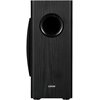 Czarny subwoofer z obudową z MDF, z widocznym okrągłym otworem na przednim panelu oraz logo "EDIFIER" na dole. Powierzchnia ma teksturę przypominającą drewno.