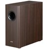 Brązowy subwoofer o prostokątnej obudowie z MDF, z widocznym okrągłym otworem basowym z przodu. Na dolnej części obudowy znajduje się biały napis "EDIFIER".