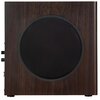 Brązowy subwoofer z obudową z MDF, z widocznym dużym, okrągłym głośnikiem na froncie. Po bokach znajdują się pokrętła regulacyjne.