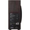 Brązowy subwoofer z obudową z MDF, na którym widoczne są różne elementy sterujące i złącza. Na panelu znajduje się tekst: "EDIFIER T5s Powered Subwoofer", pokrętła do regulacji głośności i częstotliwości, oraz różne złącza audio i oznaczenia techniczne.