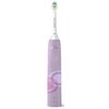 Fioletowa szczoteczka soniczna z białą główką, na której widnieje napis "Philips Sonicare". Na uchwycie znajduje się logo "Philips Sonicare" oraz przycisk zasilania, a poniżej wskaźnik ładowania.