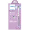 Fioletowe opakowanie szczoteczki sonicznej z logo "PHILIPS" i "sonicare" oraz napisem "4100". Widoczne są informacje: "Pressure sensor", "2 brushing modes", "advanced sonic technology", oraz hasło "Helps whiten teeth every time you brush".