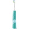Szczoteczka soniczna w kolorze zielonym z białą główką, na której widnieje napis "PHILIPS Sonicare". Na uchwycie znajduje się przycisk zasilania oraz logo producenta "PHILIPS Sonicare".
