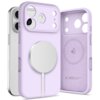 Liliowe etui TECH-PROTECT Silicone MagSafe do Apple iPhone 17 Pro jest pokazane z przodu i z tyłu, z widocznym okrągłym miejscem na magnes MagSafe oraz wycięciami na aparat. Wewnątrz etui znajduje się symbol kropli wody oraz napis "TECH PROTECT | DESIGNED