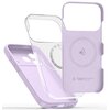 Na zdjęciu widoczne jest liliowe etui TECH-PROTECT Silicone MagSafe do Apple iPhone 17 Pro, składające się z trzech części: przezroczystej, liliowej i zewnętrznej z symbolem kropli wody oraz napisem "TECH PROTECT | DESIGNED BY FD". Etui ma wycięcia na prz