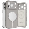 Na zdjęciu widoczne jest szare etui silikonowe z funkcją MagSafe, przeznaczone do telefonu Apple iPhone 17 Pro Max, z okrągłym wzorem wewnątrz oraz logo "TECH-PROTECT | DESIGNED BY FD". Obok etui znajduje się telefon z trzema obiektywami aparatu.