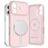 Różowe etui silikonowe z funkcją MagSafe, przeznaczone do telefonu Apple iPhone 17, z widocznym okrągłym elementem magnetycznym. Wewnątrz etui znajduje się logo "TECH-PROTECT" oraz napis "DESIGNED BY FQ".