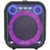 Głośnik Power Audio z kolorowym podświetleniem LED, z widocznym logo "BLAUPUNKT" na dole. Przód urządzenia pokryty jest siatką z trójkątnym wzorem, za którą widać okrągłe elementy świetlne w kolorach niebieskim, fioletowym i zielonym.
