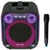 Głośnik Power Audio BLAUPUNKT PB6LED z kolorowym podświetleniem LED na przednim panelu, obok znajduje się czarny mikrofon z logo BLAUPUNKT. Na górze głośnika widoczne są przyciski sterujące oraz wyświetlacz z napisem "BLUE".