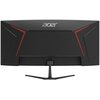 Czarny, zakrzywiony monitor z logo "acer" na górze, posiada czerwone akcenty w kształcie litery V na tylnej obudowie. Monitor jest zamontowany na podstawce w kształcie litery Y.