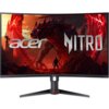 Zakrwiony monitor z zakrzywionym ekranem wyświetla grafikę z czerwonym smokiem i postacią na tle ognistego krajobrazu. Na ekranie widoczne są duże napisy "acer" i "NITRO".
