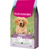 Opakowanie karmy dla psa EUKANUBA Puppy Large Breed Jagnięcina 12 kg przedstawia zdjęcie szczeniaka na tle zielonej łąki z kwiatami. Na opakowaniu widnieje napis "EUKANUBA" oraz informacje o produkcie, takie jak waga 12 kg i przeznaczenie dla szczeniąt du