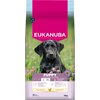 Opakowanie karmy dla psa EUKANUBA Puppy Large Breed Kurczak 15 kg przedstawia czarnego szczeniaka na tle zielonej łąki z różowymi kwiatami. Na opakowaniu widnieje napis "EUKANUBA" oraz informacje o wadze i składzie karmy, w tym "PUPPY", "L 25-40 KG", "XL 