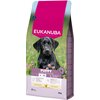 Opakowanie karmy dla psa marki EUKANUBA z wizerunkiem czarnego szczeniaka na tle łąki z kwiatami. Na opakowaniu widnieje napis "PUPPY" oraz informacje o wadze i zaleceniach dotyczących rasy i wagi psa, a także logo producenta.