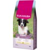 Opakowanie karmy dla psa z widocznym logo "EUKANUBA" na różowym tle, poniżej zdjęcie szczeniaka na tle łąki. Na opakowaniu znajdują się informacje: "PUPPY", "10-25 KG", "15 kg", oraz ikony i tekst dotyczący składników odżywczych.