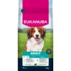Opakowanie karmy dla psa marki EUKANUBA z wizerunkiem psa na tle zielonej trawy, z napisem "ADULT" oraz informacjami o przeznaczeniu dla psów małych i średnich ras o wadze do 25 kg. Na dole opakowania widnieje informacja o wadze 12 kg.