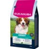 Opakowanie karmy dla psa marki EUKANUBA, przeznaczonej dla dorosłych psów małych i średnich ras, o smaku jagnięciny, w opakowaniu 12 kg. Na opakowaniu widoczny jest wizerunek psa na tle zielonej trawy oraz napisy: "ADULT", "S M L", "<25 KG", "RICH IN LAMB