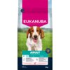 Opakowanie karmy dla psa EUKANUBA Adult Small and Medium Breed Łosoś 12 kg przedstawia zdjęcie psa na tle zielonej trawy, z dużym różowym napisem "EUKANUBA" oraz informacjami o produkcie, takimi jak "ADULT", "S M L", "<25 KG" i "12 kg". Na opakowaniu widn