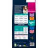 Opakowanie karmy dla psa EUKANUBA Adult Small and Medium Breed Łosoś 12 kg zawiera szczegółowe informacje o składnikach odżywczych, takich jak prebiotyki FOS i pulpa buraczana, naturalne źródła Omega-3 i Omega-6 oraz L-karnityna. Na opakowaniu znajduje si