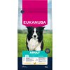 Opakowanie karmy dla psa z widocznym napisem "EUKANUBA" oraz hasłem "SUPPORTS A LONG AND HEALTHY LIFE". Na dole opakowania znajduje się informacja "ADULT 1+ YEARS 10-25 KG" oraz ikona kurczaka z napisem "RICH IN FRESH CHICKEN".