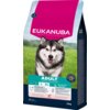 Opakowanie karmy dla psa marki EUKANUBA, przeznaczonej dla dorosłych psów dużych ras, o smaku łososia, w opakowaniu 12 kg. Na opakowaniu widoczny jest wizerunek psa oraz informacje dotyczące wagi i składników odżywczych.