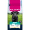 Opakowanie karmy dla psa EUKANUBA Adult Large Breed Kurczak 15 kg przedstawia czarnego psa na tle zielonej trawy i nieba. Na opakowaniu widnieje napis "EUKANUBA" oraz informacje o produkcie, takie jak "ADULT", "25-40 KG", "RICH IN FRESH CHICKEN", a także 