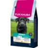 Opakowanie karmy dla psa marki EUKANUBA z wizerunkiem czarnego psa na tle zielonej trawy i nieba, z dużym napisem "ADULT" oraz informacjami o wadze i składzie produktu. Widoczna jest także informacja o wadze 15 kg i przeznaczeniu dla psów dużych ras.