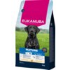 Opakowanie karmy dla psa marki EUKANUBA o wadze 15 kg, z wizerunkiem czarnego psa na tle zielonej trawy i nieba. Na opakowaniu widnieje napis "MATURE" oraz informacje dotyczące wagi i wieku psa, dla którego przeznaczona jest karma.