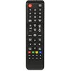 Czarny pilot z czerwonym przyciskiem zasilania u góry, zawierający numeryczne przyciski od 0 do 9 oraz przyciski funkcyjne takie jak "SOURCE", "MEDIA.P", "MENU", "HDMI", "TOOLS", "INFO", "RETURN", "EXIT", a także kolorowe przyciski A, B, C, D. Na pilocie 
