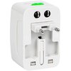 Biały adapter podróżny z widocznymi gniazdami i wtyczkami, oznaczony tekstem "USA JAPAN", "AUS/THAI", "10A 250V~", "NO:9310". Na górze znajduje się zielony przycisk z napisem "UNLOCK".