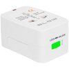 Biały adapter podróżny z widocznymi napisami: "TRAVEL UNIVERSAL ADAPTOR", "SURGE PROTECTOR", "BLOW", oraz oznaczeniem "LOCK ↔ UNLOCK" przy zielonym suwaku. Na adapterze znajduje się także symbol CE.